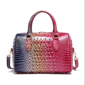 Crocodile Embossed Leather Boston Bag Y2K Punk Style, Women’s Bag, Leather Bag